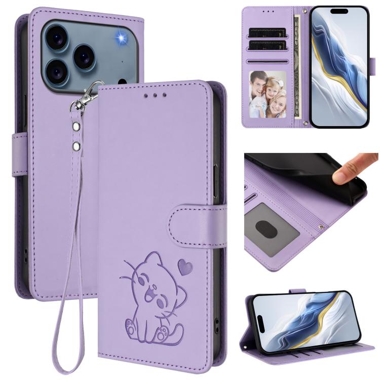 เคสโทรศัพท์หนังลายหัวใจแมวปั๊มพร้อมสายคล้องมือ สำหรับ iPhone 17e / 16e, สำหรับ iPhone 17 Pro Max, สำหรับ iPhone 17 Pro, สำหรับ iPhone 17