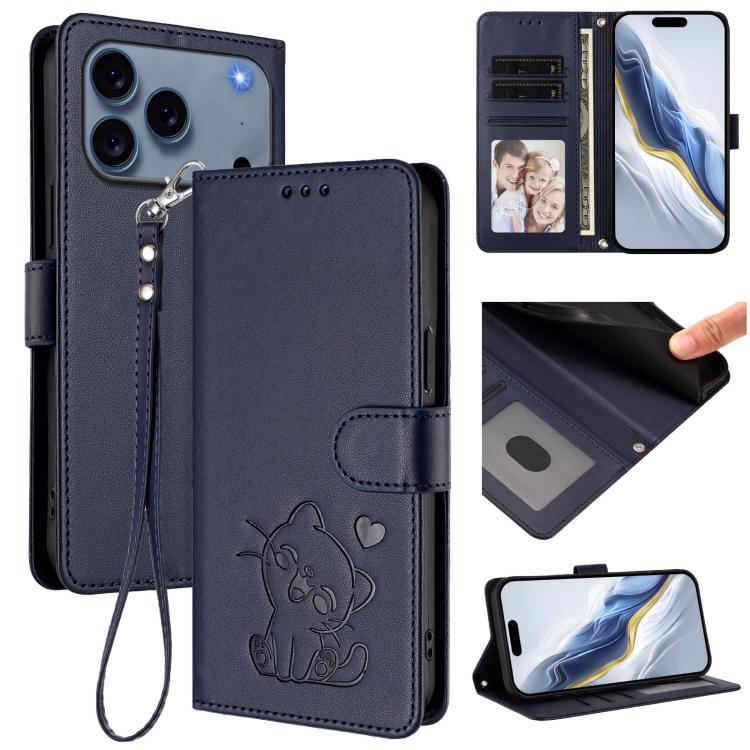 เคสโทรศัพท์หนังลายหัวใจแมวปั๊มพร้อมสายคล้องมือ สำหรับ iPhone 17e / 16e, สำหรับ iPhone 17 Pro Max, สำหรับ iPhone 17 Pro, สำหรับ iPhone 17