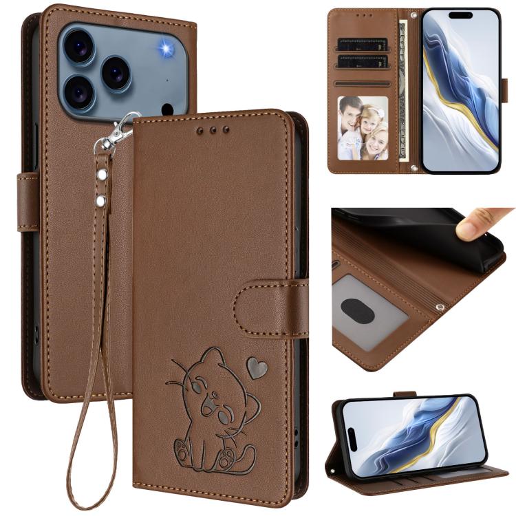 เคสโทรศัพท์หนังลายหัวใจแมวปั๊มพร้อมสายคล้องมือ สำหรับ iPhone 17e / 16e, สำหรับ iPhone 17 Pro Max, สำหรับ iPhone 17 Pro, สำหรับ iPhone 17