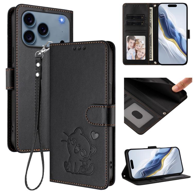 เคสโทรศัพท์หนังลายหัวใจแมวปั๊มพร้อมสายคล้องมือ สำหรับ iPhone 17e / 16e, สำหรับ iPhone 17 Pro Max, สำหรับ iPhone 17 Pro, สำหรับ iPhone 17