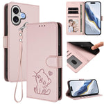 เคสโทรศัพท์หนังลายหัวใจแมวปั๊มพร้อมสายคล้องมือ สำหรับ iPhone 17e / 16e, สำหรับ iPhone 17 Pro Max, สำหรับ iPhone 17 Pro, สำหรับ iPhone 17