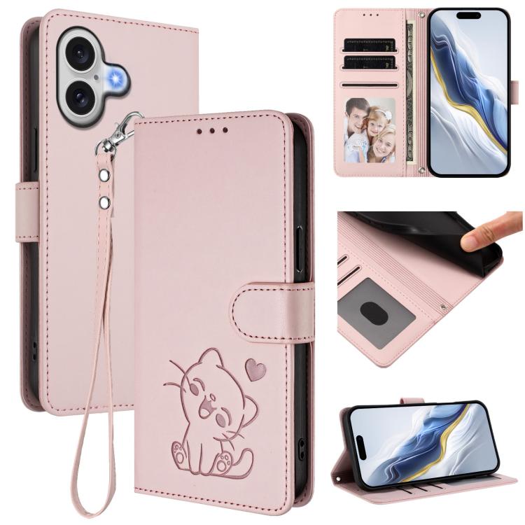 เคสโทรศัพท์หนังลายหัวใจแมวปั๊มพร้อมสายคล้องมือ สำหรับ iPhone 17e / 16e, สำหรับ iPhone 17 Pro Max, สำหรับ iPhone 17 Pro, สำหรับ iPhone 17