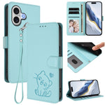 เคสโทรศัพท์หนังลายหัวใจแมวปั๊มพร้อมสายคล้องมือ สำหรับ iPhone 17e / 16e, สำหรับ iPhone 17 Pro Max, สำหรับ iPhone 17 Pro, สำหรับ iPhone 17