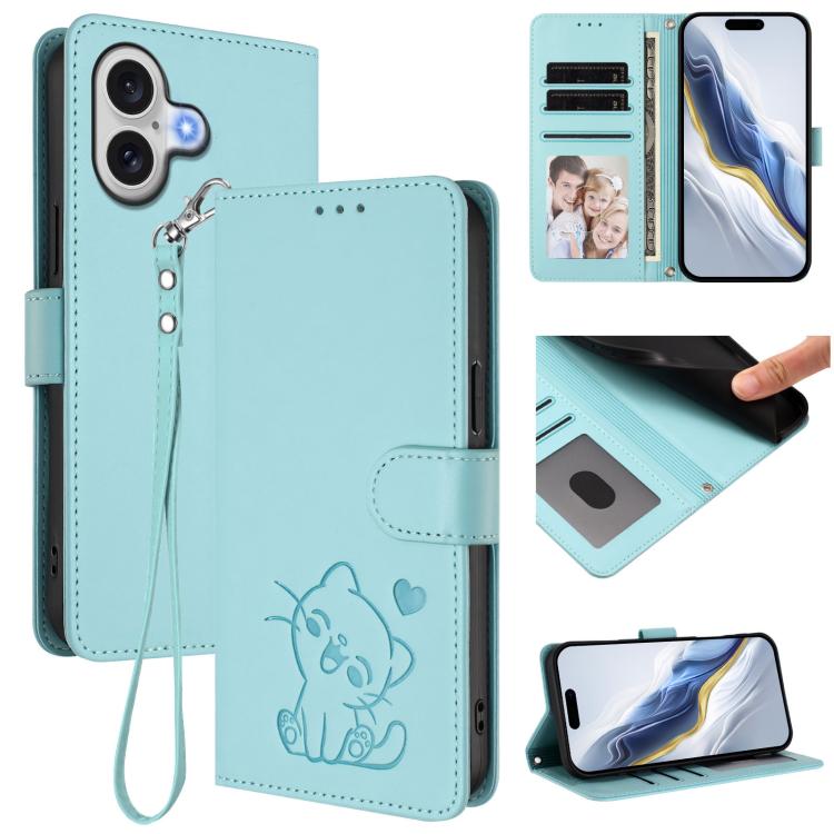 เคสโทรศัพท์หนังลายหัวใจแมวปั๊มพร้อมสายคล้องมือ สำหรับ iPhone 17e / 16e, สำหรับ iPhone 17 Pro Max, สำหรับ iPhone 17 Pro, สำหรับ iPhone 17