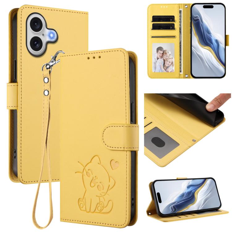 เคสโทรศัพท์หนังลายหัวใจแมวปั๊มพร้อมสายคล้องมือ สำหรับ iPhone 17e / 16e, สำหรับ iPhone 17 Pro Max, สำหรับ iPhone 17 Pro, สำหรับ iPhone 17