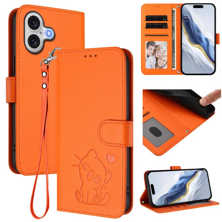 เคสโทรศัพท์หนังลายหัวใจแมวปั๊มพร้อมสายคล้องมือ สำหรับ iPhone 17e / 16e, สำหรับ iPhone 17 Pro Max, สำหรับ iPhone 17 Pro, สำหรับ iPhone 17