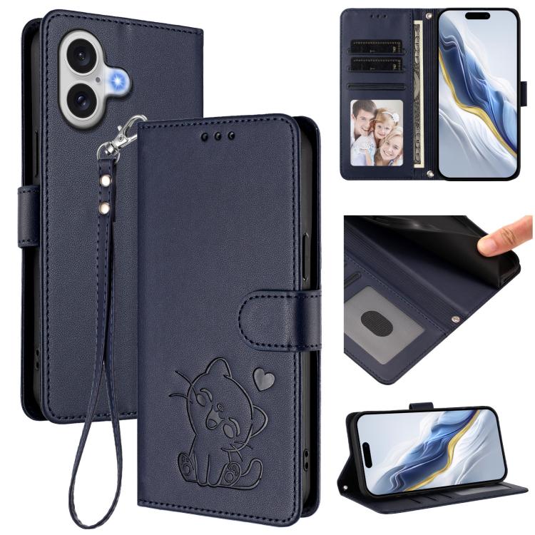 เคสโทรศัพท์หนังลายหัวใจแมวปั๊มพร้อมสายคล้องมือ สำหรับ iPhone 17e / 16e, สำหรับ iPhone 17 Pro Max, สำหรับ iPhone 17 Pro, สำหรับ iPhone 17