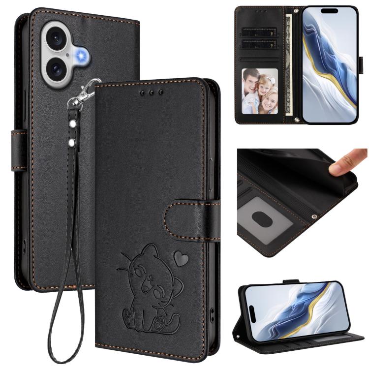 เคสโทรศัพท์หนังลายหัวใจแมวปั๊มพร้อมสายคล้องมือ สำหรับ iPhone 17e / 16e, สำหรับ iPhone 17 Pro Max, สำหรับ iPhone 17 Pro, สำหรับ iPhone 17