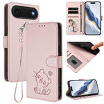 เคสโทรศัพท์หนังลายหัวใจแมวปั๊มพร้อมสายคล้องมือ สำหรับ iPhone Air, สำหรับ iPhone 16 Pro Max, สำหรับ iPhone 16 Pro, สำหรับ iPhone 16 Plus