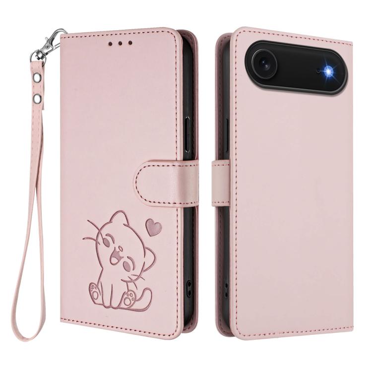 เคสโทรศัพท์หนังลายหัวใจแมวปั๊มพร้อมสายคล้องมือ สำหรับ iPhone Air, สำหรับ iPhone 16 Pro Max, สำหรับ iPhone 16 Pro, สำหรับ iPhone 16 Plus