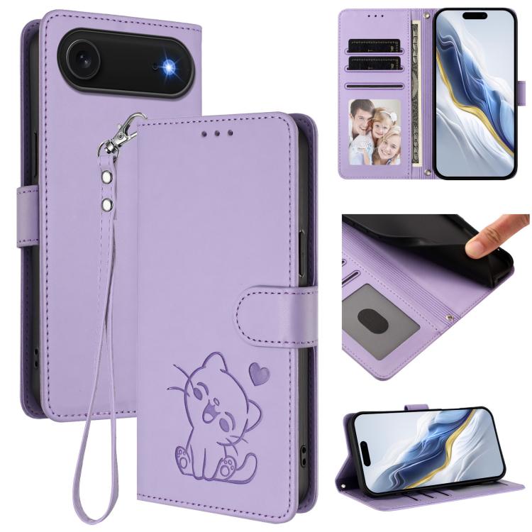 เคสโทรศัพท์หนังลายหัวใจแมวปั๊มพร้อมสายคล้องมือ สำหรับ iPhone Air, สำหรับ iPhone 16 Pro Max, สำหรับ iPhone 16 Pro, สำหรับ iPhone 16 Plus