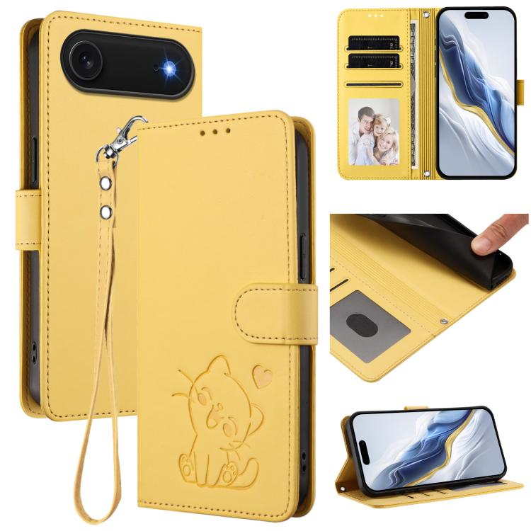 เคสโทรศัพท์หนังลายหัวใจแมวปั๊มพร้อมสายคล้องมือ สำหรับ iPhone Air, สำหรับ iPhone 16 Pro Max, สำหรับ iPhone 16 Pro, สำหรับ iPhone 16 Plus
