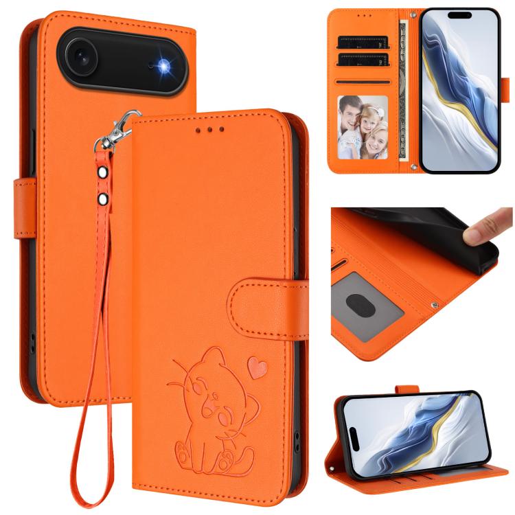 เคสโทรศัพท์หนังลายหัวใจแมวปั๊มพร้อมสายคล้องมือ สำหรับ iPhone Air, สำหรับ iPhone 16 Pro Max, สำหรับ iPhone 16 Pro, สำหรับ iPhone 16 Plus
