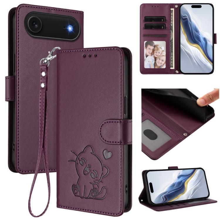 เคสโทรศัพท์หนังลายหัวใจแมวปั๊มพร้อมสายคล้องมือ สำหรับ iPhone Air, สำหรับ iPhone 16 Pro Max, สำหรับ iPhone 16 Pro, สำหรับ iPhone 16 Plus
