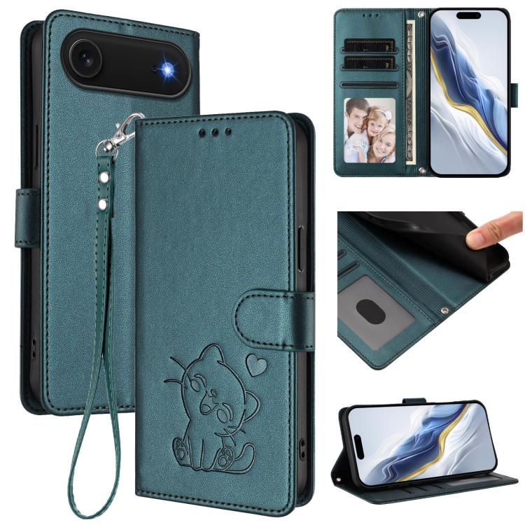 เคสโทรศัพท์หนังลายหัวใจแมวปั๊มพร้อมสายคล้องมือ สำหรับ iPhone Air, สำหรับ iPhone 16 Pro Max, สำหรับ iPhone 16 Pro, สำหรับ iPhone 16 Plus
