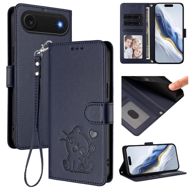 เคสโทรศัพท์หนังลายหัวใจแมวปั๊มพร้อมสายคล้องมือ สำหรับ iPhone Air, สำหรับ iPhone 16 Pro Max, สำหรับ iPhone 16 Pro, สำหรับ iPhone 16 Plus
