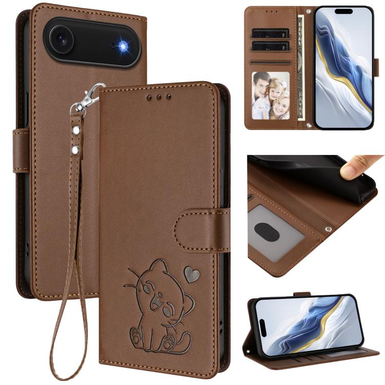 เคสโทรศัพท์หนังลายหัวใจแมวปั๊มพร้อมสายคล้องมือ สำหรับ iPhone Air, สำหรับ iPhone 16 Pro Max, สำหรับ iPhone 16 Pro, สำหรับ iPhone 16 Plus