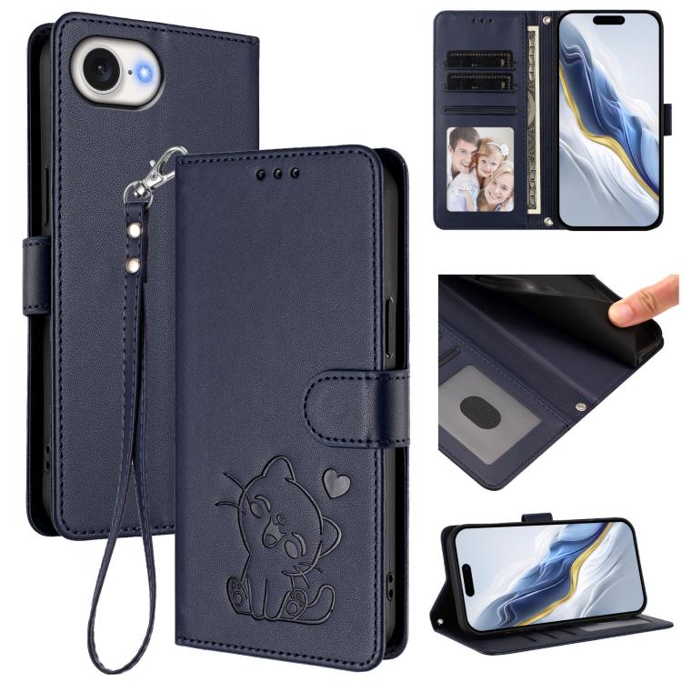 เคสโทรศัพท์หนังลายหัวใจแมวปั๊มพร้อมสายคล้องมือ สำหรับ iPhone 17e / 16e, สำหรับ iPhone 17 Pro Max, สำหรับ iPhone 17 Pro, สำหรับ iPhone 17