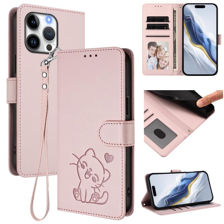 เคสโทรศัพท์หนังลายหัวใจแมวปั๊มพร้อมสายคล้องมือ สำหรับ iPhone Air, สำหรับ iPhone 16 Pro Max, สำหรับ iPhone 16 Pro, สำหรับ iPhone 16 Plus