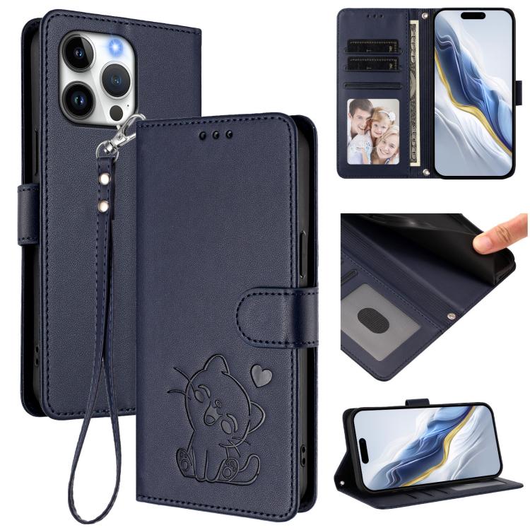 เคสโทรศัพท์หนังลายหัวใจแมวปั๊มพร้อมสายคล้องมือ สำหรับ iPhone Air, สำหรับ iPhone 16 Pro Max, สำหรับ iPhone 16 Pro, สำหรับ iPhone 16 Plus