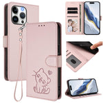 เคสโทรศัพท์หนังลายหัวใจแมวปั๊มพร้อมสายคล้องมือ สำหรับ iPhone Air, สำหรับ iPhone 16 Pro Max, สำหรับ iPhone 16 Pro, สำหรับ iPhone 16 Plus