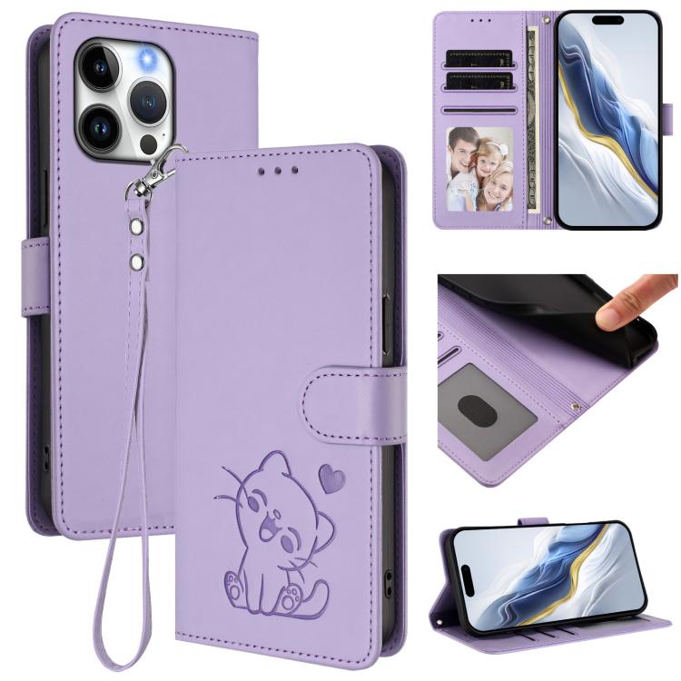เคสโทรศัพท์หนังลายหัวใจแมวปั๊มพร้อมสายคล้องมือ สำหรับ iPhone Air, สำหรับ iPhone 16 Pro Max, สำหรับ iPhone 16 Pro, สำหรับ iPhone 16 Plus