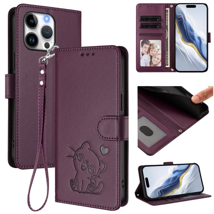 เคสโทรศัพท์หนังลายหัวใจแมวปั๊มพร้อมสายคล้องมือ สำหรับ iPhone Air, สำหรับ iPhone 16 Pro Max, สำหรับ iPhone 16 Pro, สำหรับ iPhone 16 Plus