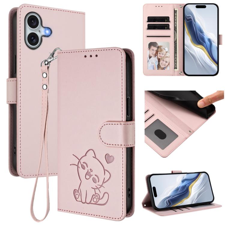 เคสโทรศัพท์หนังลายหัวใจแมวปั๊มพร้อมสายคล้องมือ สำหรับ iPhone Air, สำหรับ iPhone 16 Pro Max, สำหรับ iPhone 16 Pro, สำหรับ iPhone 16 Plus