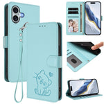 เคสโทรศัพท์หนังลายหัวใจแมวปั๊มพร้อมสายคล้องมือ สำหรับ iPhone Air, สำหรับ iPhone 16 Pro Max, สำหรับ iPhone 16 Pro, สำหรับ iPhone 16 Plus