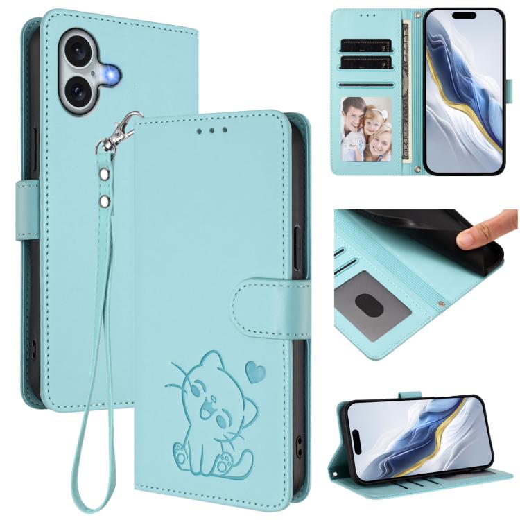 เคสโทรศัพท์หนังลายหัวใจแมวปั๊มพร้อมสายคล้องมือ สำหรับ iPhone Air, สำหรับ iPhone 16 Pro Max, สำหรับ iPhone 16 Pro, สำหรับ iPhone 16 Plus