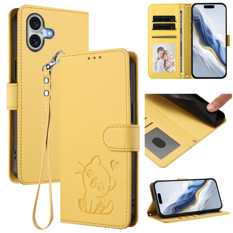 เคสโทรศัพท์หนังลายหัวใจแมวปั๊มพร้อมสายคล้องมือ สำหรับ iPhone Air, สำหรับ iPhone 16 Pro Max, สำหรับ iPhone 16 Pro, สำหรับ iPhone 16 Plus