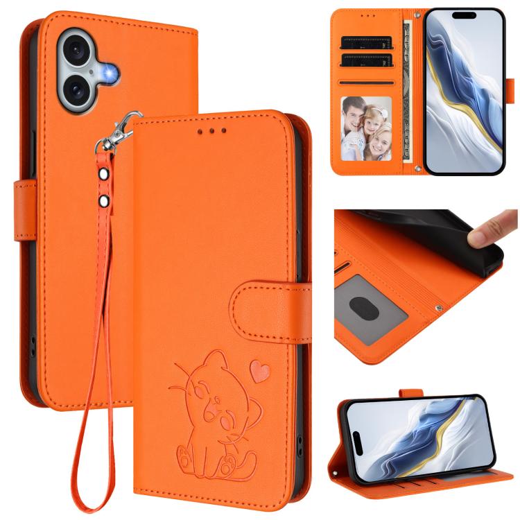 เคสโทรศัพท์หนังลายหัวใจแมวปั๊มพร้อมสายคล้องมือ สำหรับ iPhone Air, สำหรับ iPhone 16 Pro Max, สำหรับ iPhone 16 Pro, สำหรับ iPhone 16 Plus