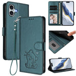 เคสโทรศัพท์หนังลายหัวใจแมวปั๊มพร้อมสายคล้องมือ สำหรับ iPhone Air, สำหรับ iPhone 16 Pro Max, สำหรับ iPhone 16 Pro, สำหรับ iPhone 16 Plus