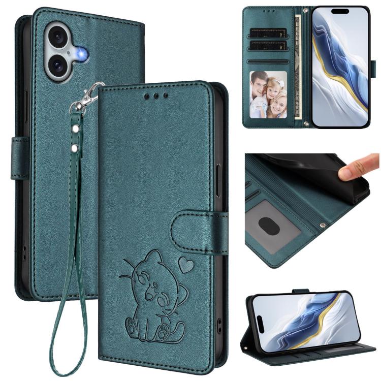 เคสโทรศัพท์หนังลายหัวใจแมวปั๊มพร้อมสายคล้องมือ สำหรับ iPhone Air, สำหรับ iPhone 16 Pro Max, สำหรับ iPhone 16 Pro, สำหรับ iPhone 16 Plus
