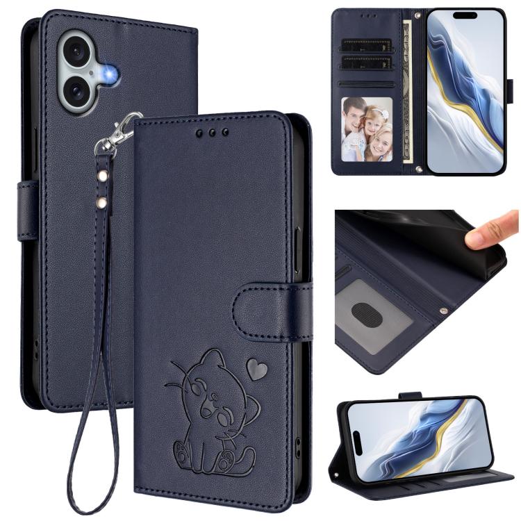 เคสโทรศัพท์หนังลายหัวใจแมวปั๊มพร้อมสายคล้องมือ สำหรับ iPhone Air, สำหรับ iPhone 16 Pro Max, สำหรับ iPhone 16 Pro, สำหรับ iPhone 16 Plus