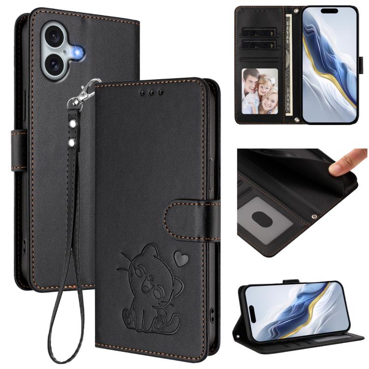 เคสโทรศัพท์หนังลายหัวใจแมวปั๊มพร้อมสายคล้องมือ สำหรับ iPhone Air, สำหรับ iPhone 16 Pro Max, สำหรับ iPhone 16 Pro, สำหรับ iPhone 16 Plus