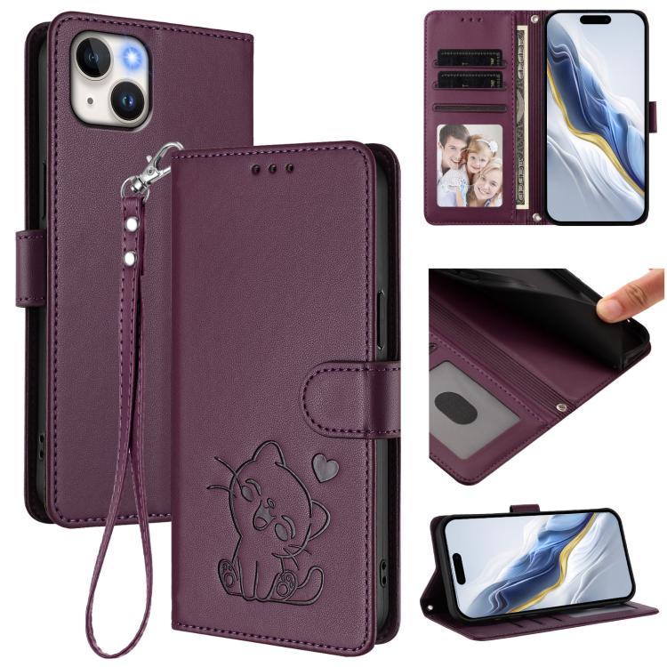 เคสโทรศัพท์หนังลายนูนรูปหัวใจแมวพร้อมสายคล้องมือ สำหรับ iPhone 15, สำหรับ iPhone 14 Plus, สำหรับ iPhone 14 / 13, สำหรับ iPhone 14 Pro