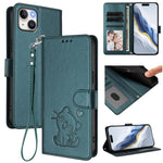 เคสโทรศัพท์หนังลายนูนรูปหัวใจแมวพร้อมสายคล้องมือ สำหรับ iPhone 15, สำหรับ iPhone 14 Plus, สำหรับ iPhone 14 / 13, สำหรับ iPhone 14 Pro