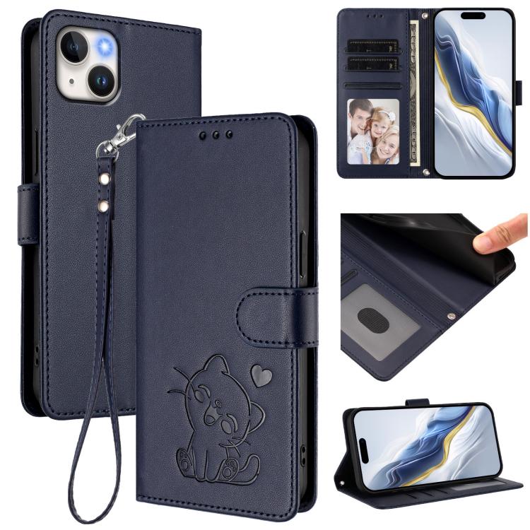 เคสโทรศัพท์หนังลายนูนรูปหัวใจแมวพร้อมสายคล้องมือ สำหรับ iPhone 15, สำหรับ iPhone 14 Plus, สำหรับ iPhone 14 / 13, สำหรับ iPhone 14 Pro