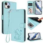 เคสโทรศัพท์หนังลายนูนรูปหัวใจแมวพร้อมสายคล้องมือ สำหรับ iPhone 15, สำหรับ iPhone 14 Plus, สำหรับ iPhone 14 / 13, สำหรับ iPhone 14 Pro