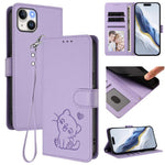 เคสโทรศัพท์หนังลายนูนรูปหัวใจแมวพร้อมสายคล้องมือ สำหรับ iPhone 15, สำหรับ iPhone 14 Plus, สำหรับ iPhone 14 / 13, สำหรับ iPhone 14 Pro