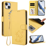 เคสโทรศัพท์หนังลายนูนรูปหัวใจแมวพร้อมสายคล้องมือ สำหรับ iPhone 15, สำหรับ iPhone 14 Plus, สำหรับ iPhone 14 / 13, สำหรับ iPhone 14 Pro