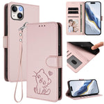 เคสโทรศัพท์หนังลายนูนรูปหัวใจแมวพร้อมสายคล้องมือ สำหรับ iPhone 15, สำหรับ iPhone 14 Plus, สำหรับ iPhone 14 / 13, สำหรับ iPhone 14 Pro