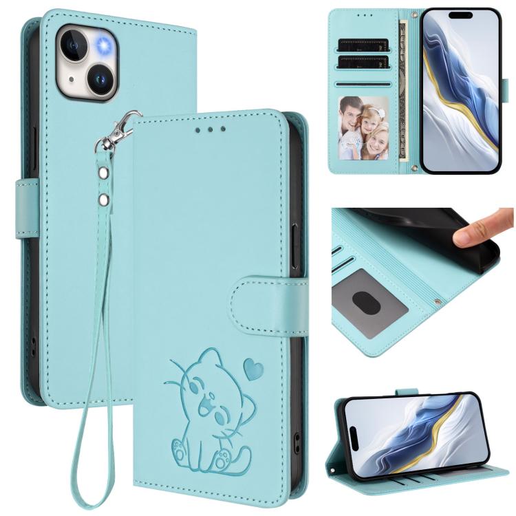 เคสโทรศัพท์หนังลายนูนรูปหัวใจแมวพร้อมสายคล้องมือ สำหรับ iPhone 15, สำหรับ iPhone 14 Plus, สำหรับ iPhone 14 / 13, สำหรับ iPhone 14 Pro