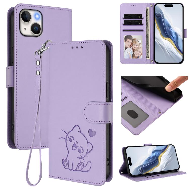 เคสโทรศัพท์หนังลายนูนรูปหัวใจแมวพร้อมสายคล้องมือ สำหรับ iPhone 15, สำหรับ iPhone 14 Plus, สำหรับ iPhone 14 / 13, สำหรับ iPhone 14 Pro