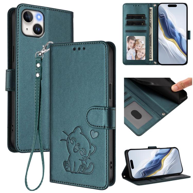 เคสโทรศัพท์หนังลายนูนรูปหัวใจแมวพร้อมสายคล้องมือ สำหรับ iPhone 15, สำหรับ iPhone 14 Plus, สำหรับ iPhone 14 / 13, สำหรับ iPhone 14 Pro