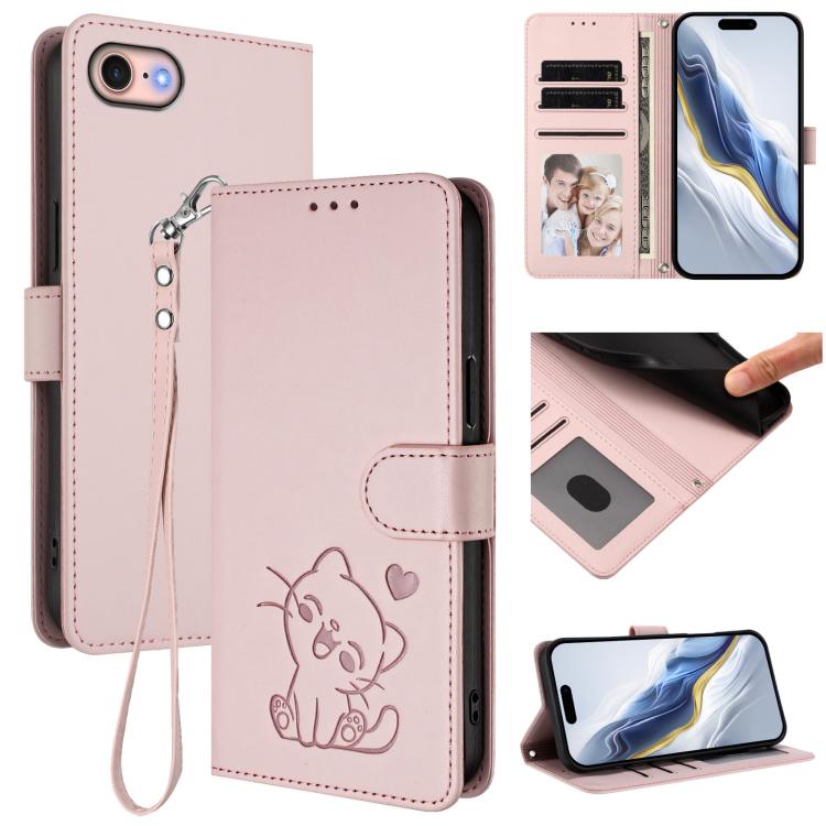 เคสโทรศัพท์หนังลายนูนรูปหัวใจแมวพร้อมสายคล้องมือ สำหรับ iPhone 14 Pro Max, สำหรับ iPhone 7 / 8 / SE 2022, สำหรับ iPhone 13 Pro Max, สำหรับ iPhone 13 Pro