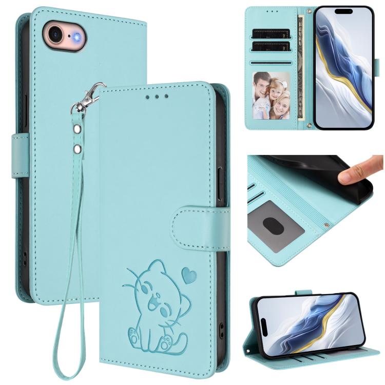 เคสโทรศัพท์หนังลายนูนรูปหัวใจแมวพร้อมสายคล้องมือ สำหรับ iPhone 14 Pro Max, สำหรับ iPhone 7 / 8 / SE 2022, สำหรับ iPhone 13 Pro Max, สำหรับ iPhone 13 Pro