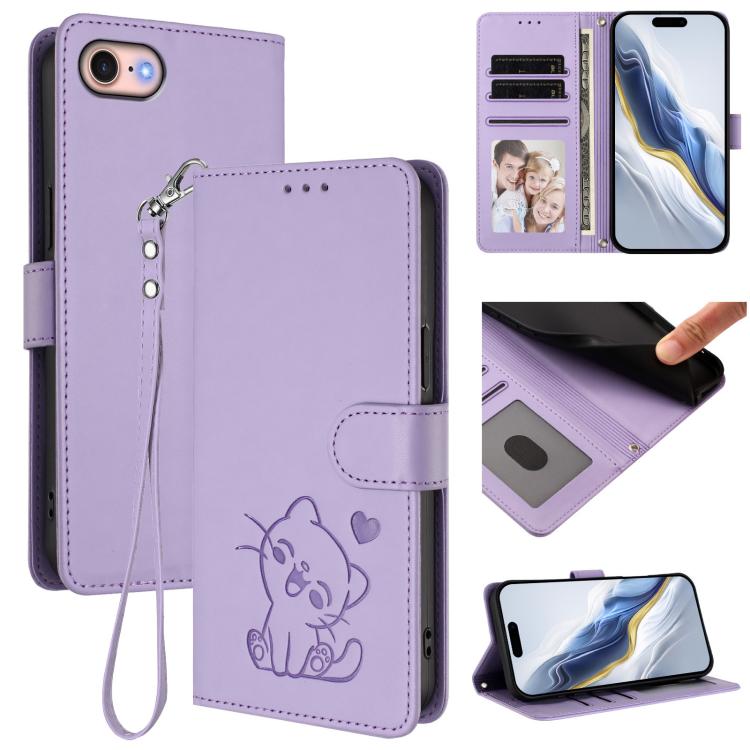 เคสโทรศัพท์หนังลายนูนรูปหัวใจแมวพร้อมสายคล้องมือ สำหรับ iPhone 14 Pro Max, สำหรับ iPhone 7 / 8 / SE 2022, สำหรับ iPhone 13 Pro Max, สำหรับ iPhone 13 Pro