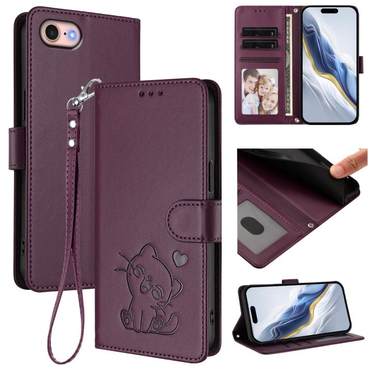 เคสโทรศัพท์หนังลายนูนรูปหัวใจแมวพร้อมสายคล้องมือ สำหรับ iPhone 14 Pro Max, สำหรับ iPhone 7 / 8 / SE 2022, สำหรับ iPhone 13 Pro Max, สำหรับ iPhone 13 Pro